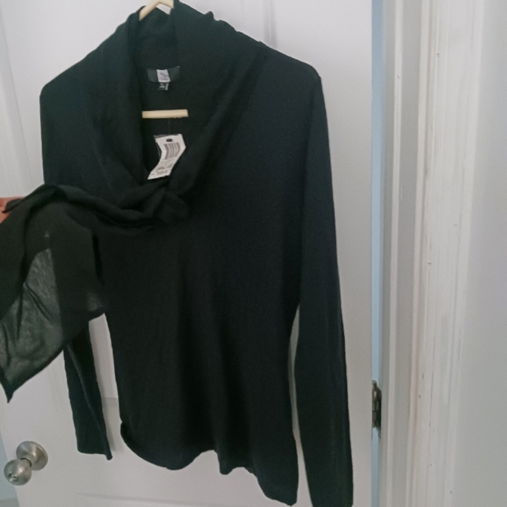Saks Fifth Avenue Black V-Neck Sweater with Scarf Detail